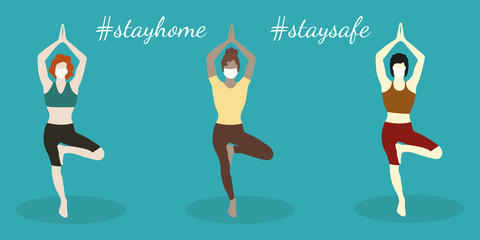 Womens of different nationalities in masks are standing in vrikshasana yoga pose. COVID-19 self quarantine. Concept of meditation for everyone. Stay home, stay safe hashtags. Coronavirus prevention.