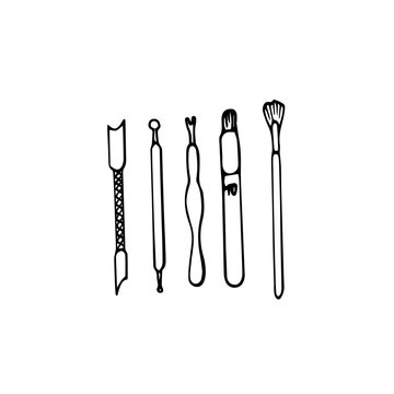 Manicure, pedicure tools and products doodle flat vector illustration set