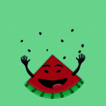 a happy watermelon raising hands with seeds in the air with texture of some paper