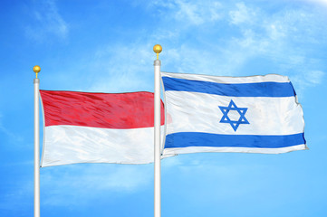Indonesia and Israel two flags on flagpoles and blue cloudy sky