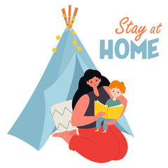 Mother and child practicing social distancing. Stays at home, reading a book. Vector social illustration during a pandemic virus. Stay home, save lives.