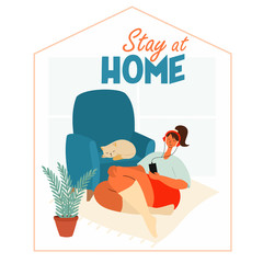 Woman at home listens to music, practicing social distancing but stays connected. Vector social illustration during a virus pandemic. Stay home save lives.