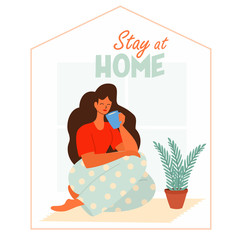 Woman practicing social distancing. Stays at home, drinks coffee. Vector social illustration during a virus pandemic. Stay home save lives.