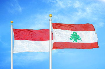 Indonesia and Lebanon two flags on flagpoles and blue cloudy sky