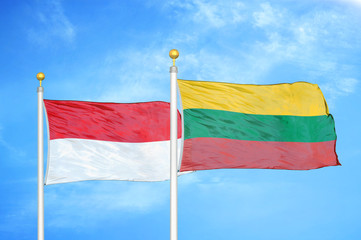 Indonesia and Lithuania two flags on flagpoles and blue cloudy sky