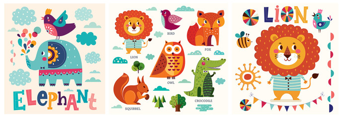 Colorful baby collection of funny animals owl, cat, bird, crocodile, lion, fox and children poster design with lion and elephant © moleskostudio