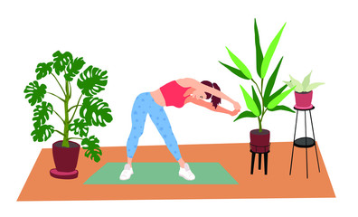 A woman practices yoga in her room. Illustration of a girl in sport pants and sport bra doing her workout. Home fitness concept. Illustration in a flat style of a girl doing sports.
