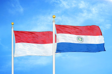 Indonesia and Paraguay two flags on flagpoles and blue cloudy sky