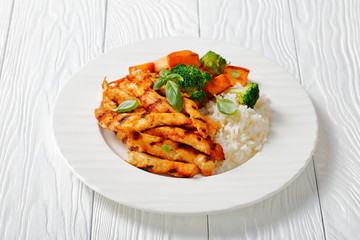 grilled paprika chicken strips with yams, rice