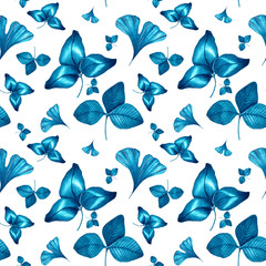 Blue indigo floral pattern watercolour painted leaves tropic background.