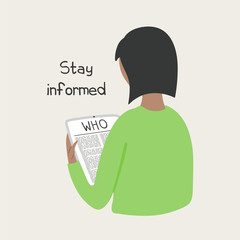 Coronavirus epidemic concept. Woman reading information from WHO site on a tablet, isolated. Hand drawn vector illustration. Poster, flyer. Flat style design. Covid-19 protection, prevention.