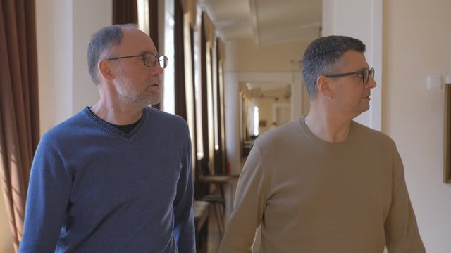 Two men walk through the corridors of the art gallery and view works of art by famous masters of painting