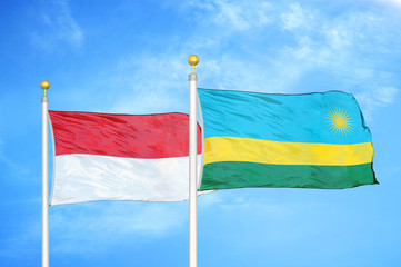 Indonesia and Rwanda two flags on flagpoles and blue cloudy sky