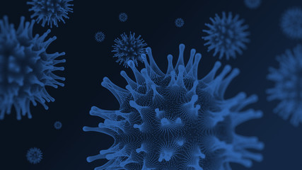 Fototapeta na wymiar Blue 3D rendering Coronavirus 2019-nCov novel coronavirus concept resposible for asian flu outbreak and coronaviruses influenza as dangerous flu strain cases as a pandemic. Microscope virus close up. 