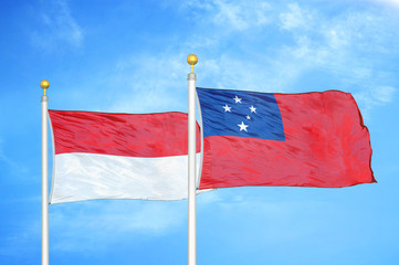 Indonesia and Samoa two flags on flagpoles and blue cloudy sky