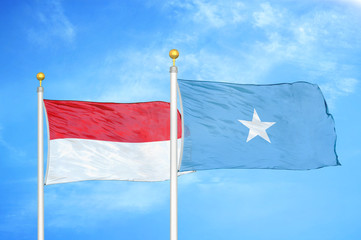 Indonesia and Somalia two flags on flagpoles and blue cloudy sky