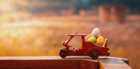 Eggs Easter three wheel taxi wooden toy