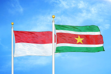 Indonesia and Suriname two flags on flagpoles and blue cloudy sky