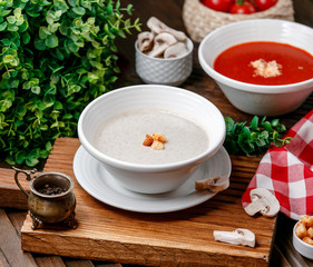mushroom soup with crutones on the table