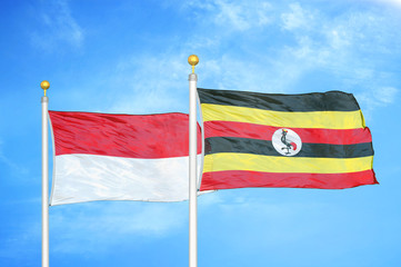 Indonesia and Uganda two flags on flagpoles and blue cloudy sky