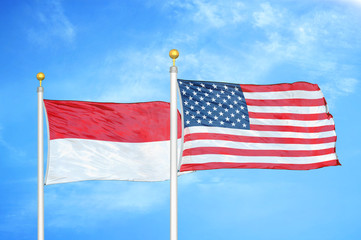 Indonesia and United States two flags on flagpoles and blue cloudy sky