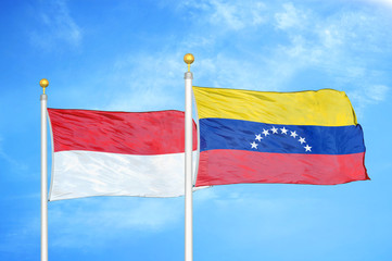 Indonesia and Venezuela two flags on flagpoles and blue cloudy sky