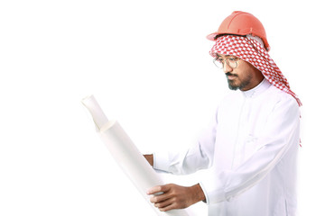 Arab man engineer portrait wearing keffiyeh and safety helmet, holding blueprint isolated on white background.