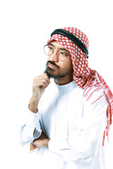 Senior Arab man portrait wearing keffiyeh  resting his chin on his hands, thinking about his job isolated on white background.