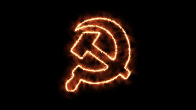 4k stock: Burning flame Communist Soviet Union. Hammer and sickle symbol. Royalty high-quality free the best stock video footage of Soviet Union Communist Party burning fire on black background