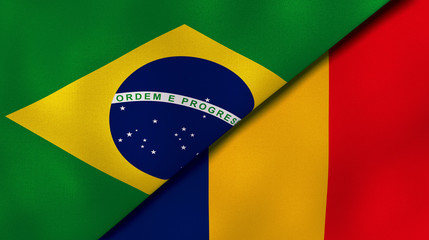 The flags of Brazil and Romania. News, reportage, business background. 3d illustration