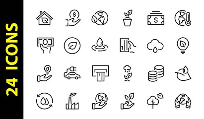 The set of ECOLOGY icons, vector lines, contains such icons as an electric car, global warming, forest, eco, watering plants, a plant and much more. Editable stroke, white background