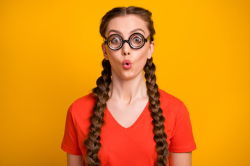 Wow. Photo of funny student lady open mouth clever person diligent pupil listen teacher new theory...
