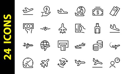  A simple set of airport related vector line icons. Contains badges such as departure, boarding, waiting time, boarding, find a place to travel tickets, and much more. Editable stroke. 48x48 pixels