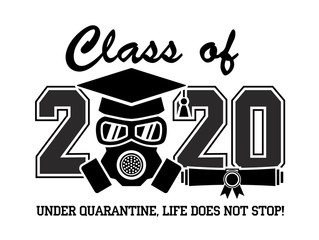 2020 Quarantine graduation party. Graduate in a respirator and goggles. Concept for the design of a greeting card, logo, flyer, t-shirt design. Illustration, vector
