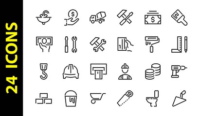 Set of construction icons, simple vector lines, contains the following icons builder, roller, hammer with wrench, toilet bowl and much more. Editable stroke. 48x48 pixels perfect, white background