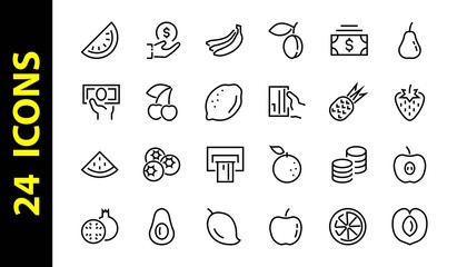 Fruit Icon Set, Vector lines, Contains icons such as apple, banana, cherry, lemon, watermelon, Avocado Editable stroke, 48x48 pixels, White background, eps 10