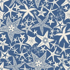 Starfishes on blue background, seamless doodle pattern with scattered abstract sea stars. Vector hand drawn illustration in vintage style.
