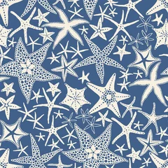 Wall murals Sea Starfishes on blue background, seamless doodle pattern with scattered abstract sea stars. Vector hand drawn illustration in vintage style.
