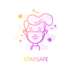 A young man in a mask in color line style. Vector gradient icon with text Stay Safe.