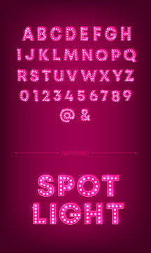 3d light bulb alphabet with pink frame isolated on dark pink background. Broadway show style retro glowing font. Vector illustration.