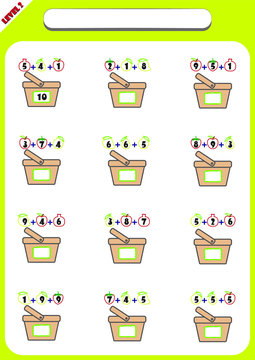 math worksheet for kids, Mental Maths Practice, educational game for children. Counting equations, addition activity