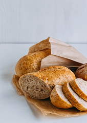 Organic buckwheat bread close up. The concept of slow carb baking. Copy space.