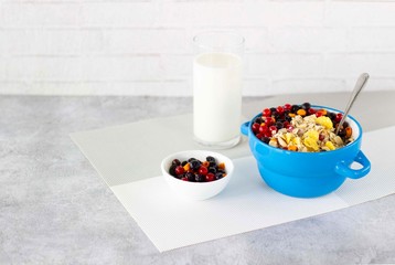 Delicious and healthy vegetarian Breakfast muesli with forest frozen berries and a glass of oat milk