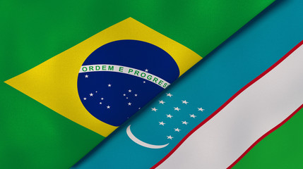 The flags of Brazil and Uzbekistan. News, reportage, business background. 3d illustration