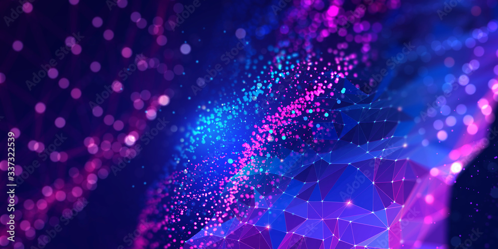 Poster Neural network 3D illustration. Big data and cybersecurity. Global database and artificial intelligence. Bright, colorful background with bokeh effect
