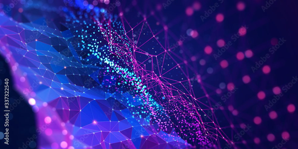 Aufkleber Neural network 3D illustration. Big data and cybersecurity. Global database and artificial intelligence. Bright, colorful background with bokeh effect