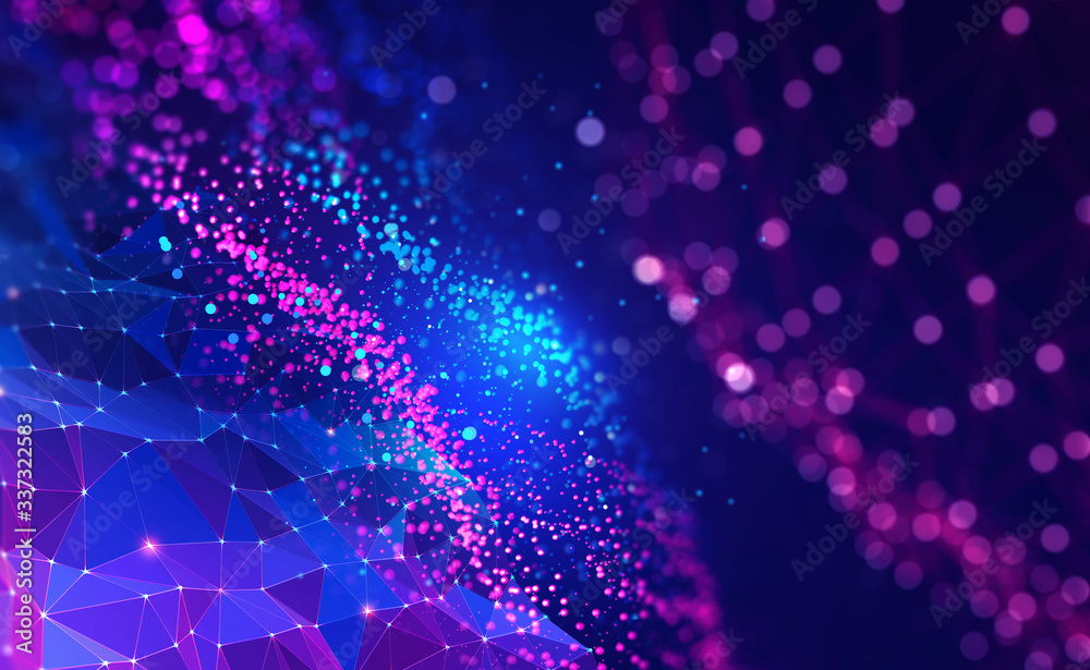 Poster Neural network 3D illustration. Big data and cybersecurity. Global database and artificial intelligence. Bright, colorful background with bokeh effect