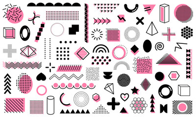 Mega pack of black and pink geometric shapes isolated on white background. Memphis design graphic unique elements. Retro and modern simple objects for banner, card, poster etc. Vector illustration