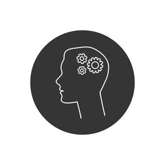 Human head flat line icon with gear inside. Vector