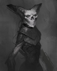 painting of skull headed space alien warrior creature with sci-fi gun for a hand creeping across an abstract environment - digital fantasy illustration